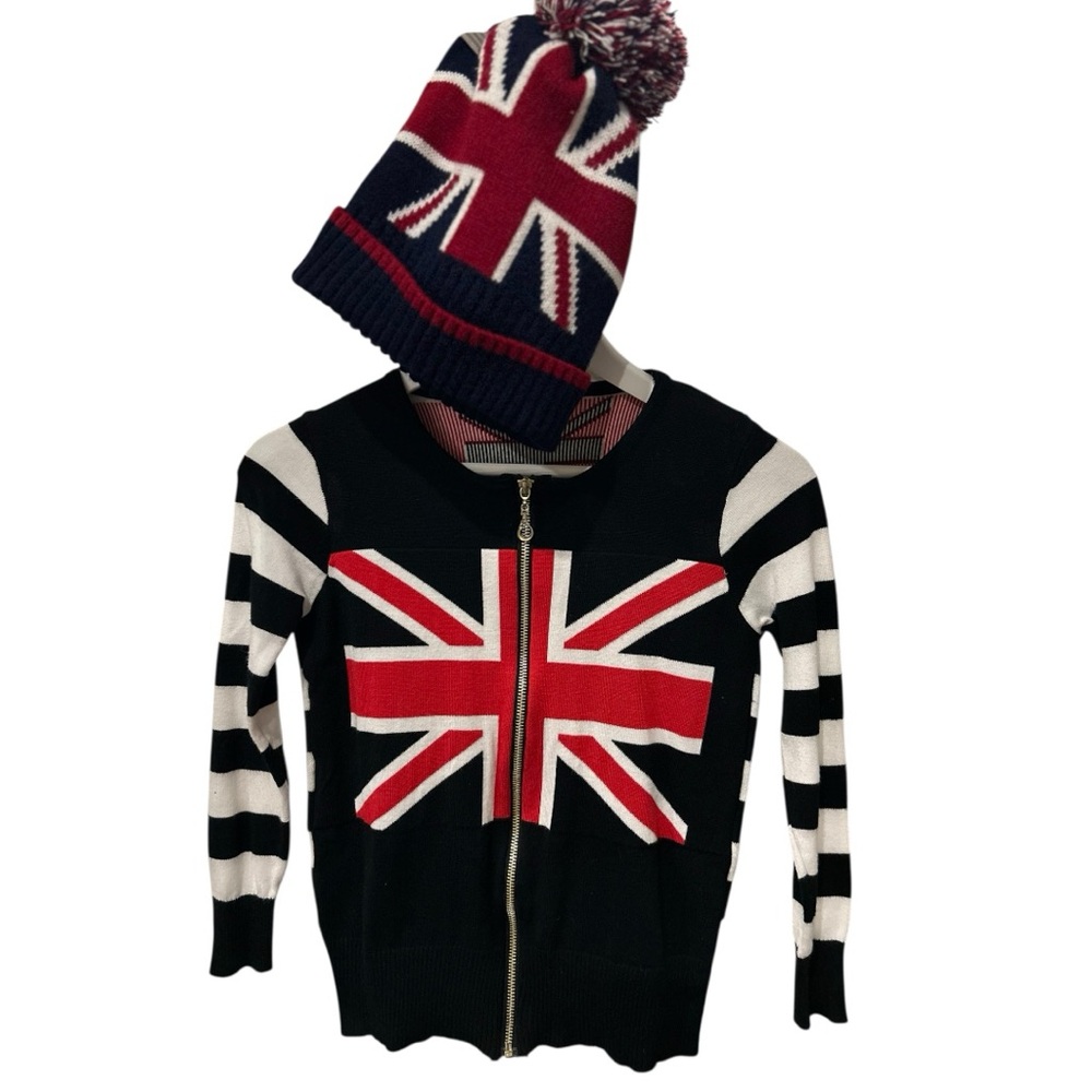 🇬🇧 Union Jack Cardigan + Matching Toque Set Size XS Like New